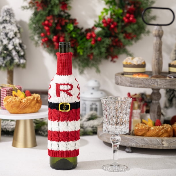 Funda tejida para botella de vino con letras del alfabeto, a rayas rojas y blancas, 26 letras para decorar botellas de vino.