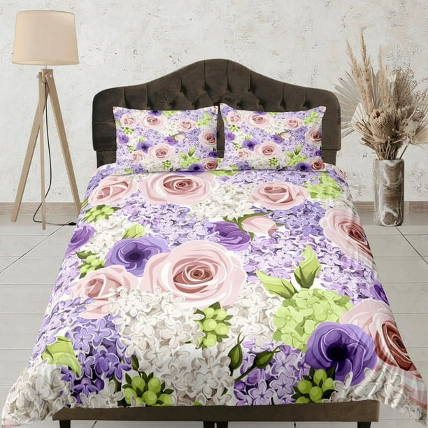Rosas púrpuras y rosas Juego de funda nórdica Colorido Colcha, Floral Dormitorio Ropa de cama