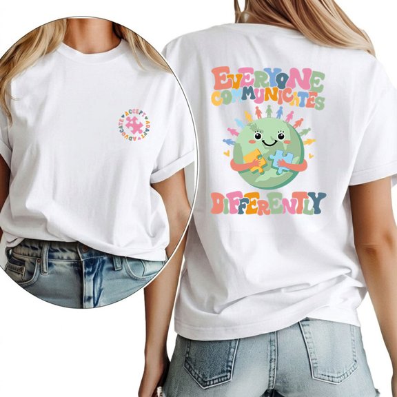 Everyone Communicates Differently Phrase Graphic Tees Autism Awareness Print T Shirts Short Sleeve Casual Tops for Daily Outfits White,M