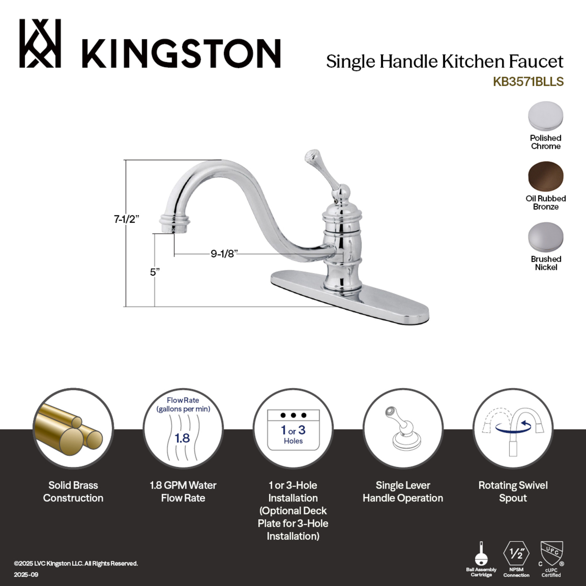 Kingston KB3571BLLS Restoration Single-Handle 1-or-3 Hole Kitchen Faucet in Polished Chrome