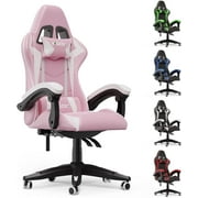 Bigzzia Gaming Chair Office High Back Computer Chair Leather Racing Desk and Ergonomic Adjustable Swivel with Headrest and Lumbar Support (Pink)
