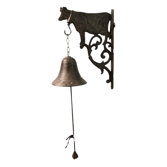 Rustic Cast Iron Wall Bell With Embossed Cow Accent - Vintage Outdoor Dinner Bell - Farmhouse Classic Yard Decor for Countryside or Contemporary Home Styles