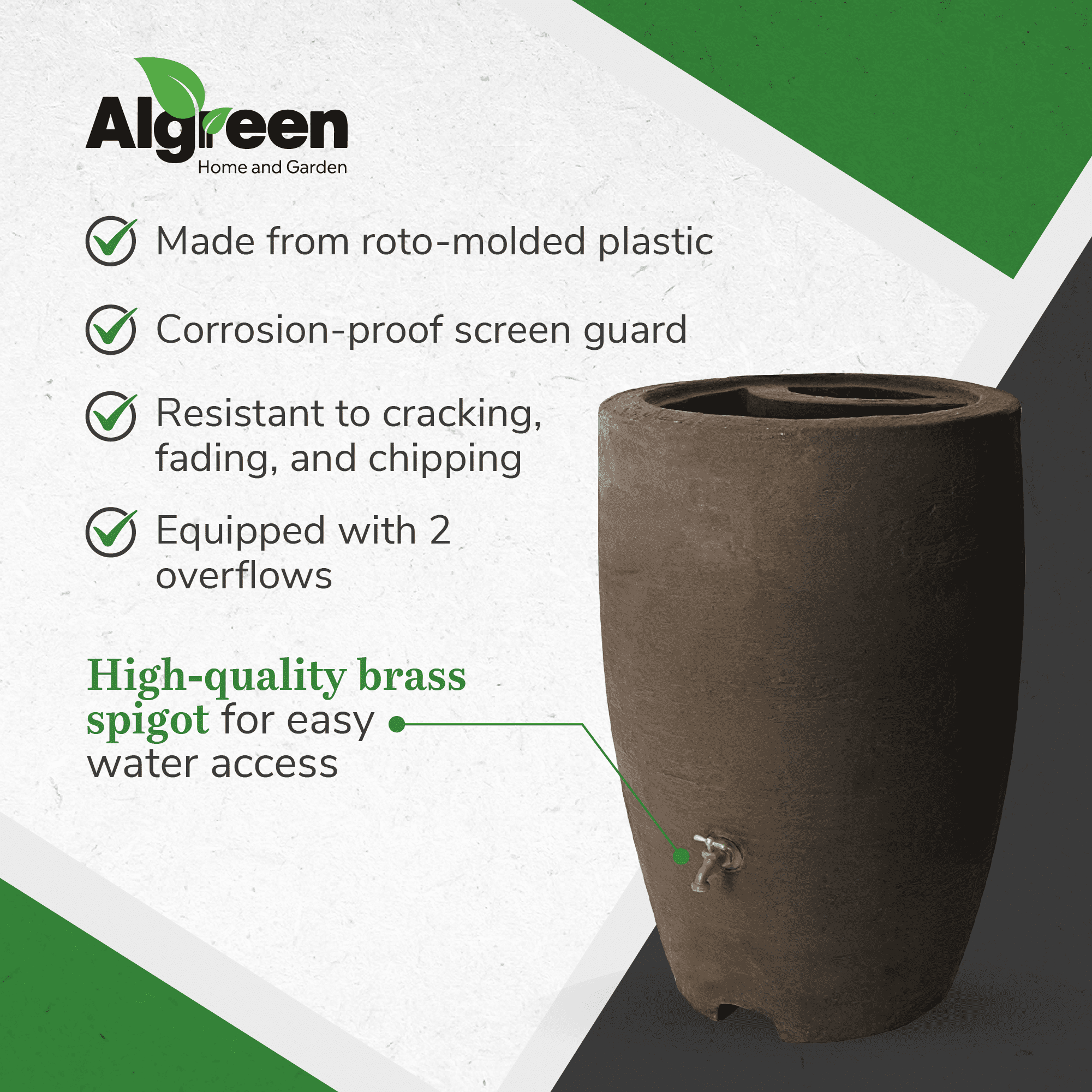 Algreen Plastic Rain Barrel, 50 Gal Rainwater Collection Tank w/Spigot, Athena, Brownstone