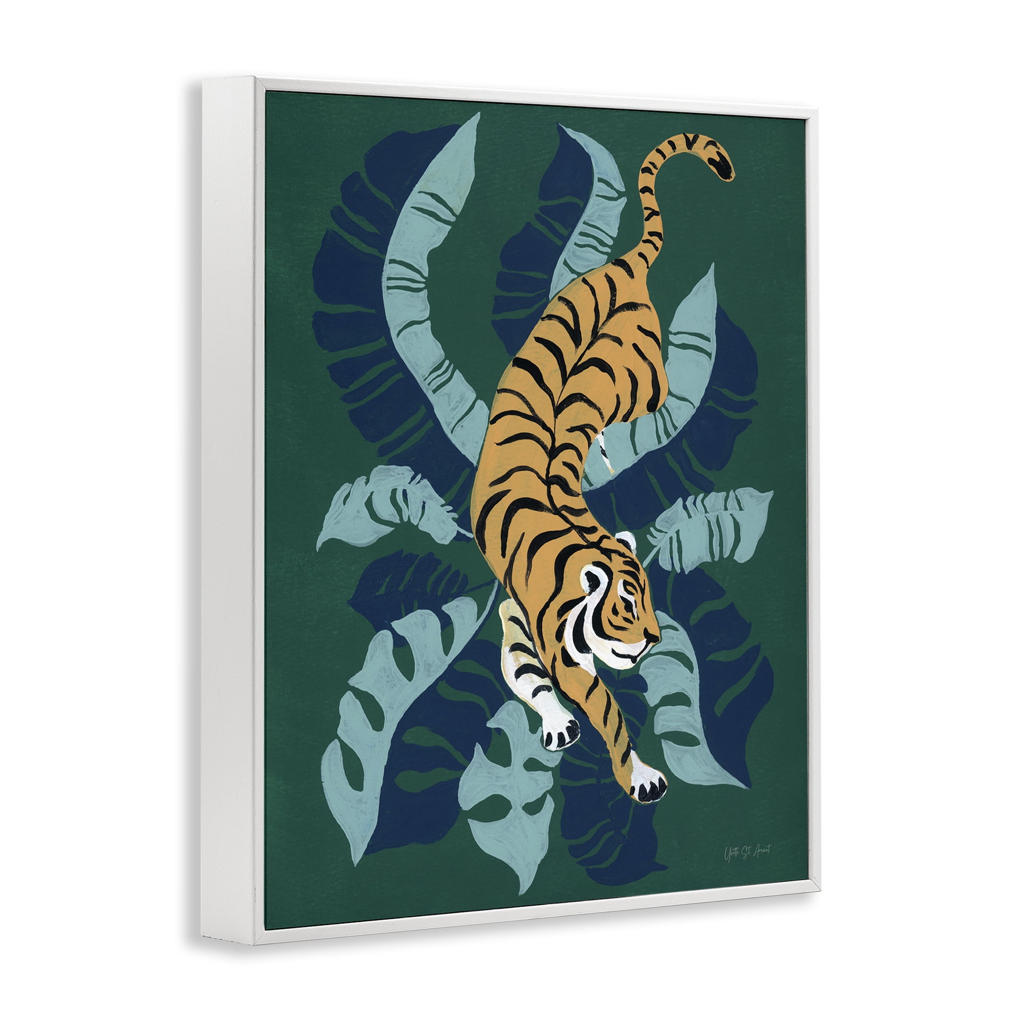 Stupell Industries Tiger Prowling over Palms Animals & Insects Painting White Framed Art Print Wall Art, 11 x 14