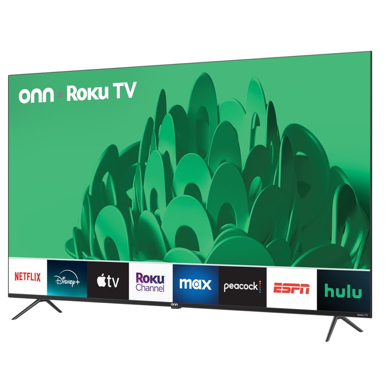 onn 70" Class 4K UHD Roku Smart Television, 100012588 front and back view