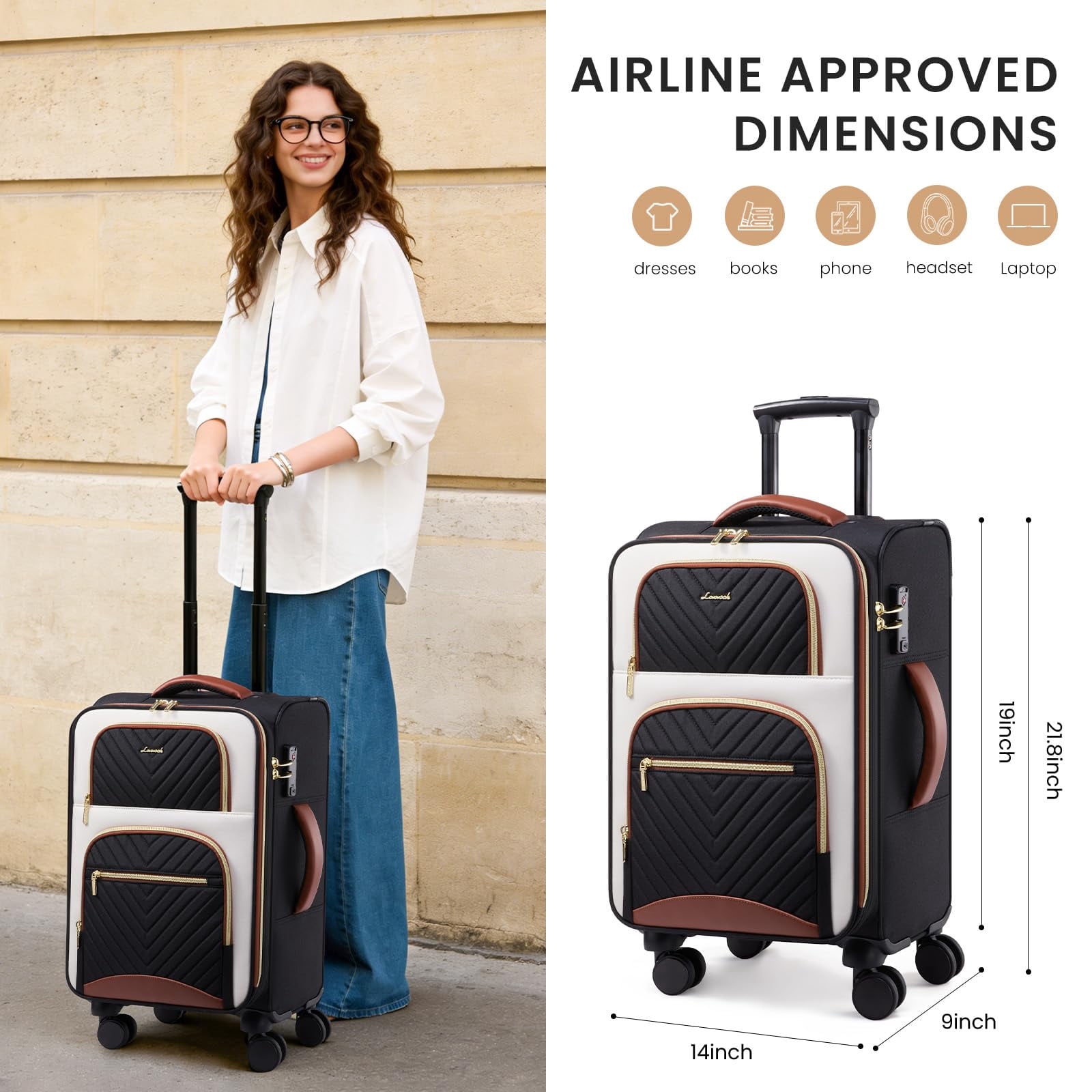 LOVEVOOK Carry on Luggage 22x14x9 Airline Approved, Waterproof Carry on Suitcase with 3 Pouches,Lightweight Softside Underseat Travel Luggage with 360° Spinner Wheels,TSA Lock for Travel Business