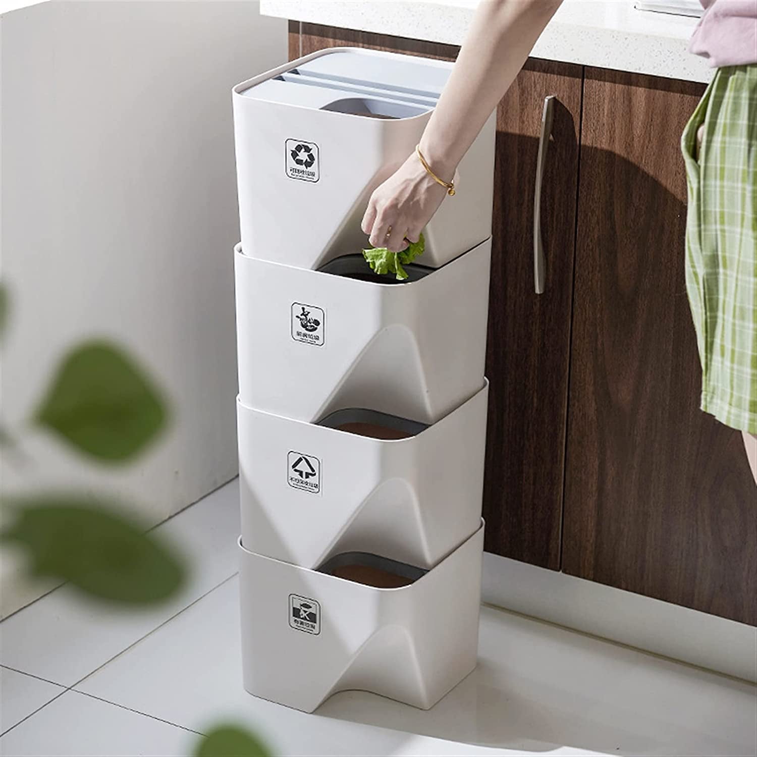 Waste Bin Kitchen Bathroom Dry and Wet Separation Trash Can Double Compartments for Waste Separation Recycling Bin Grey/White 