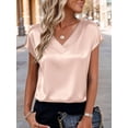 thumbnail image 2 of Deago Women Silk Satin Tops Cap Short Sleeve Blouse Summer V Neck Work Shirts Business Casual Dressy Outfits (Champagne, L), 2 of 9