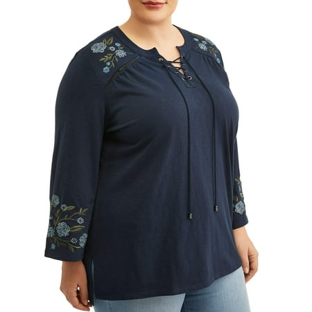 - Women's Plus Size Embroidered Peasant Top