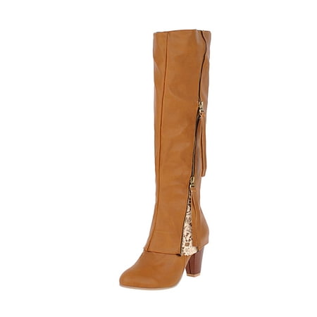 

CaComMARK PI Clearance Women Boots Winter High Heel Knee-High Zip Pointed Toe Fleece Vamp Footwear