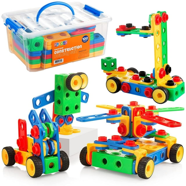 Building Blocks Play22, 100 unidades, con caja de almacenamiento para niños de 3 a 10 años