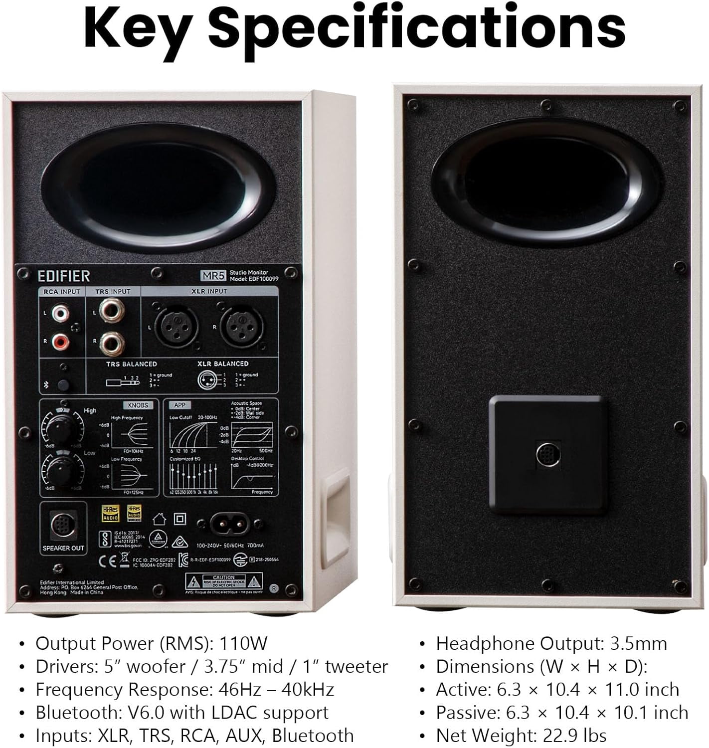 Restored Edifier MR5 2.0 Studio Monitor Bookshelf Speakers, 110W(RMS), Hi-Res Audio, Bluetooth 6.0, 3-Way Active Design, Room Compensation, XLR/TRS/RCA Inputs, Compact Size for Home Studio & Music