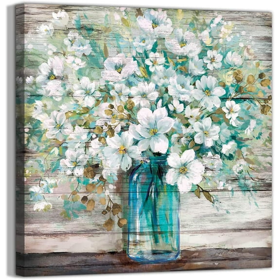 Country Style Canvas Wall Art Teal Blue Mason Bottle White Flower Rustic Wall Decor Art Hanging in The Bedroom Bathroom Living Room Dining Room Office Fireplace Kitchen Murals Decor(14x14)
