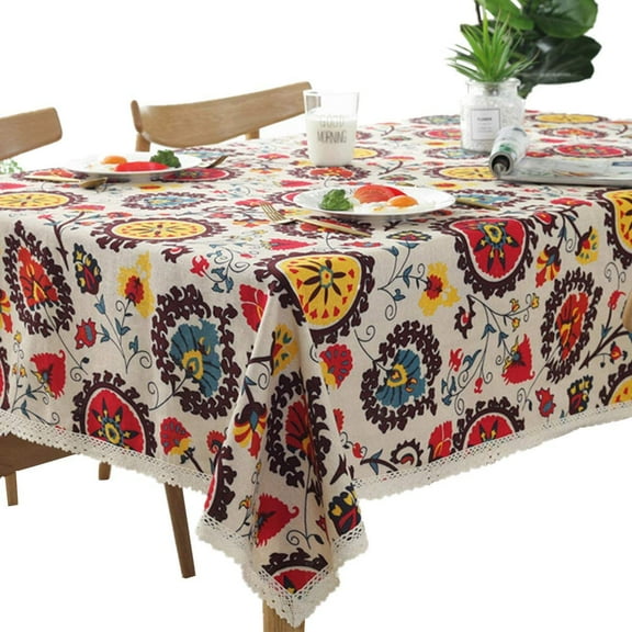 ERDOUY Rectangle Tablecloth Cotton Linen Lace Floral Table Cloth for Enchanting Kitchen & Dining Room Tabletop Decoration，55*78inch