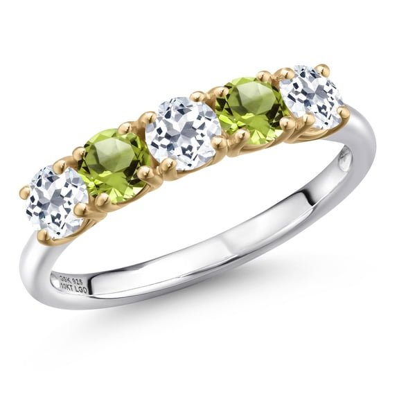 Gem Stone King 925 Silver and 10K Yellow Gold White Topaz and Green Peridot Wedding-Bands Ring for Women | 1.59 Cttw | Round 4MM | Gemstone November Birthstone | Size 8