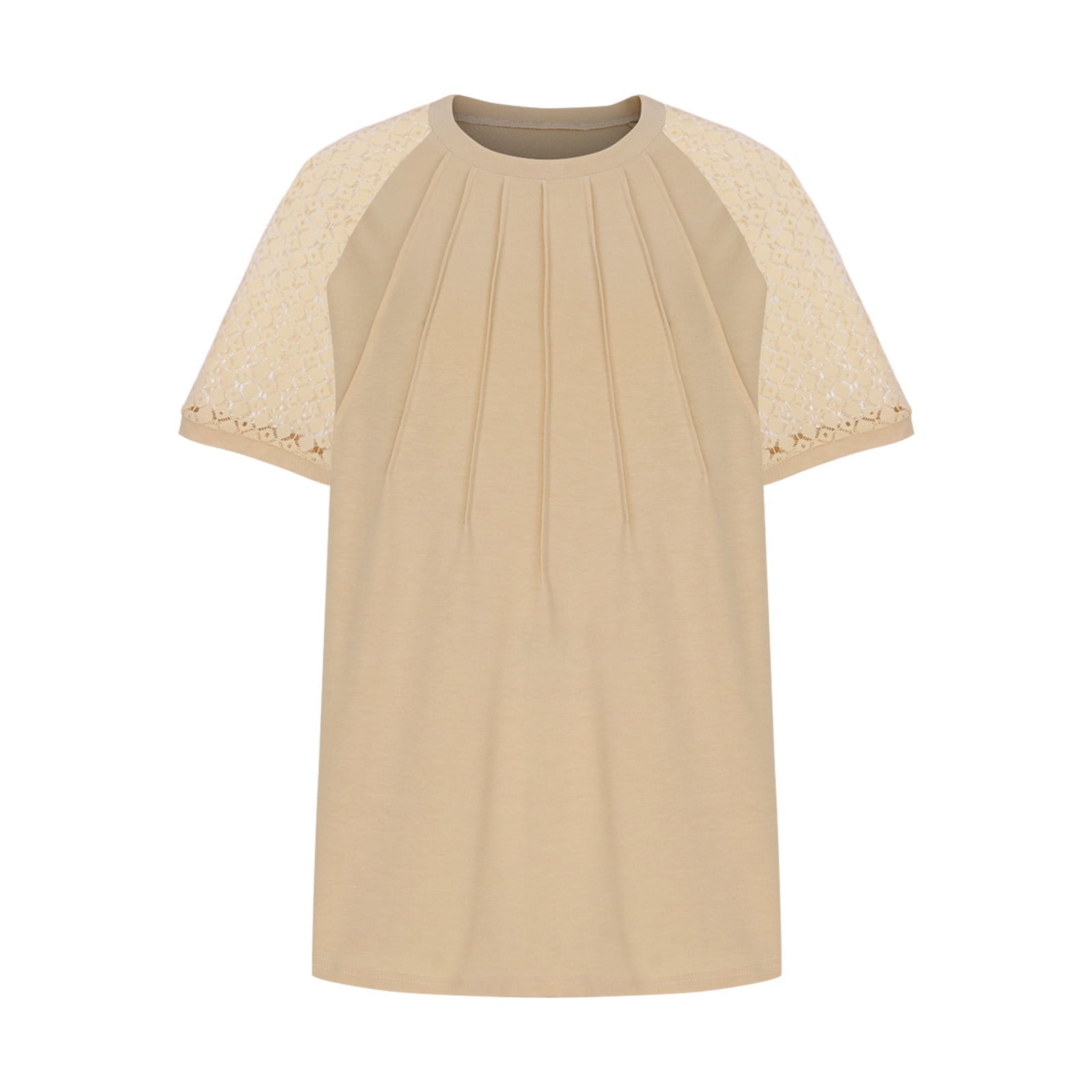 Womens Trendy Plus Size Tops- Casual Crewneck Lace Short Sleeve Pleats Summer Shirts Blouses Khaki Size 2XL