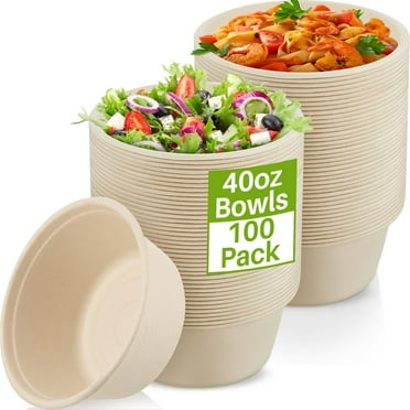 100 Pack Disposable Salad Bowls Large Soup Paper Bowls Bulk for Milk Cereals Snacks Hot or Cold Use Microwavable Safe Bowls(Natural Color, 40 Oz)