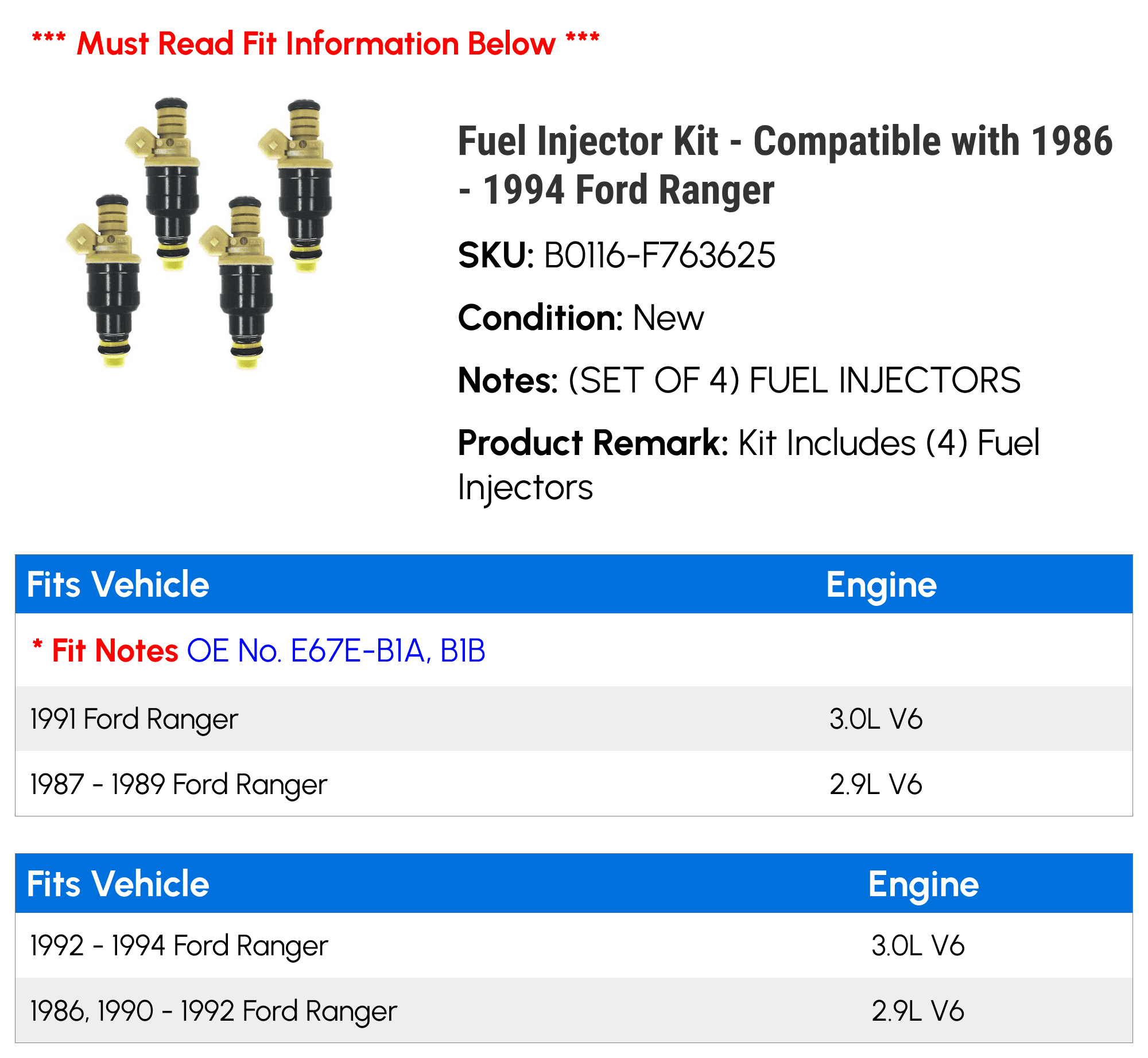 Fuel Injector Kit - Compatible with 1986 - 1994 Ford Ranger 1987 1988 1989 1990 1991 1992 1993