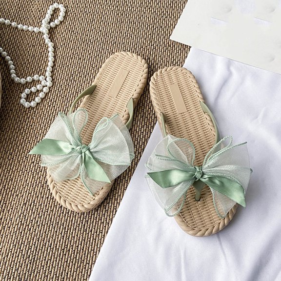 RUIYANQI Women's Bowknot Flip Flops Rattan Design Open Toe Footwear Comfortable Flat Slippers Casual Summer Beach Shoes Trendy Fashion Slides Green Women Sandal