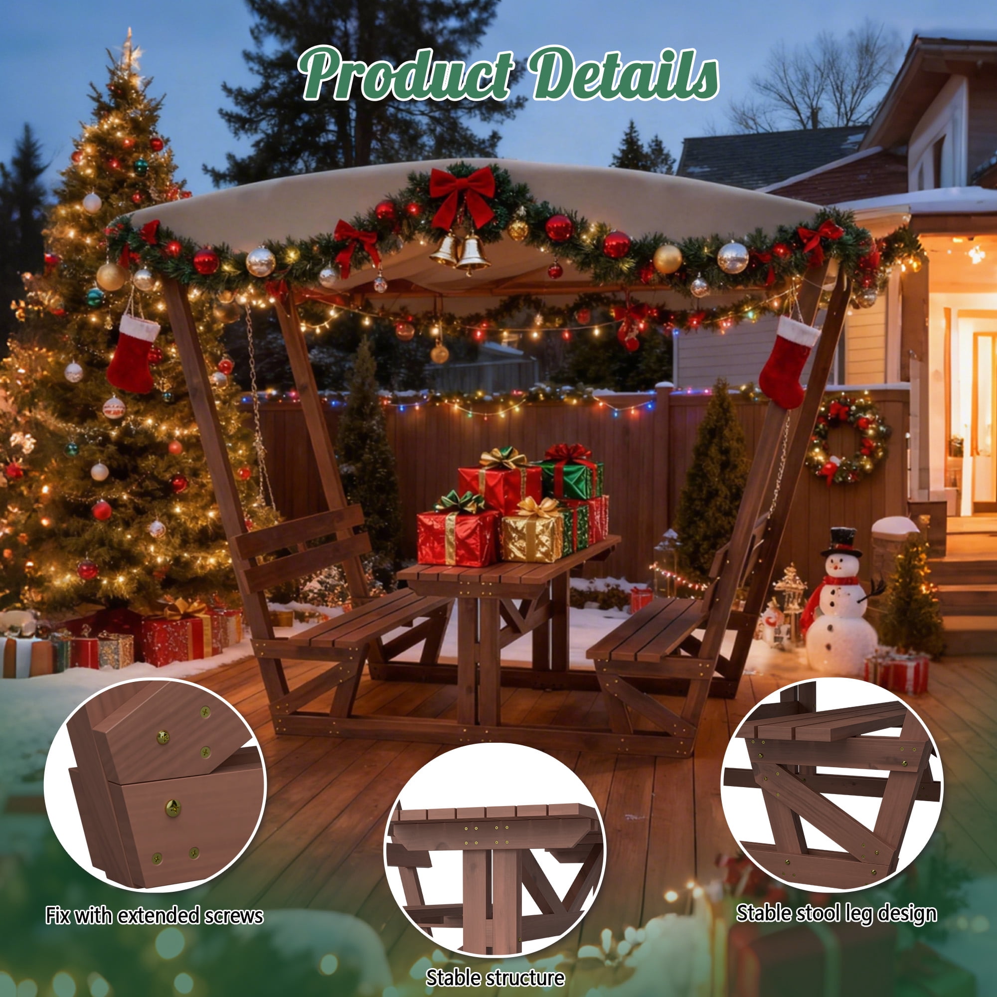 4-Person Outdoor Wooden Picnic Table with 2 Built-in Benches & Removable Canopy,Camping Dining Table for All-weather,Garden Patio Backyard,Brown01
