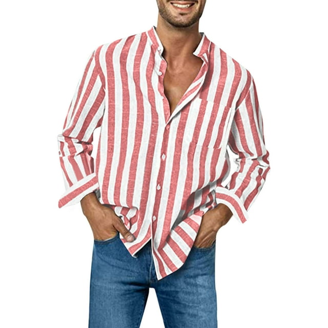 AherBiu Chemises en Lin pour Hommes à Manches Longues Boutonnées Col à Revers Rayées Tendance Décontractées Chemises Habillées