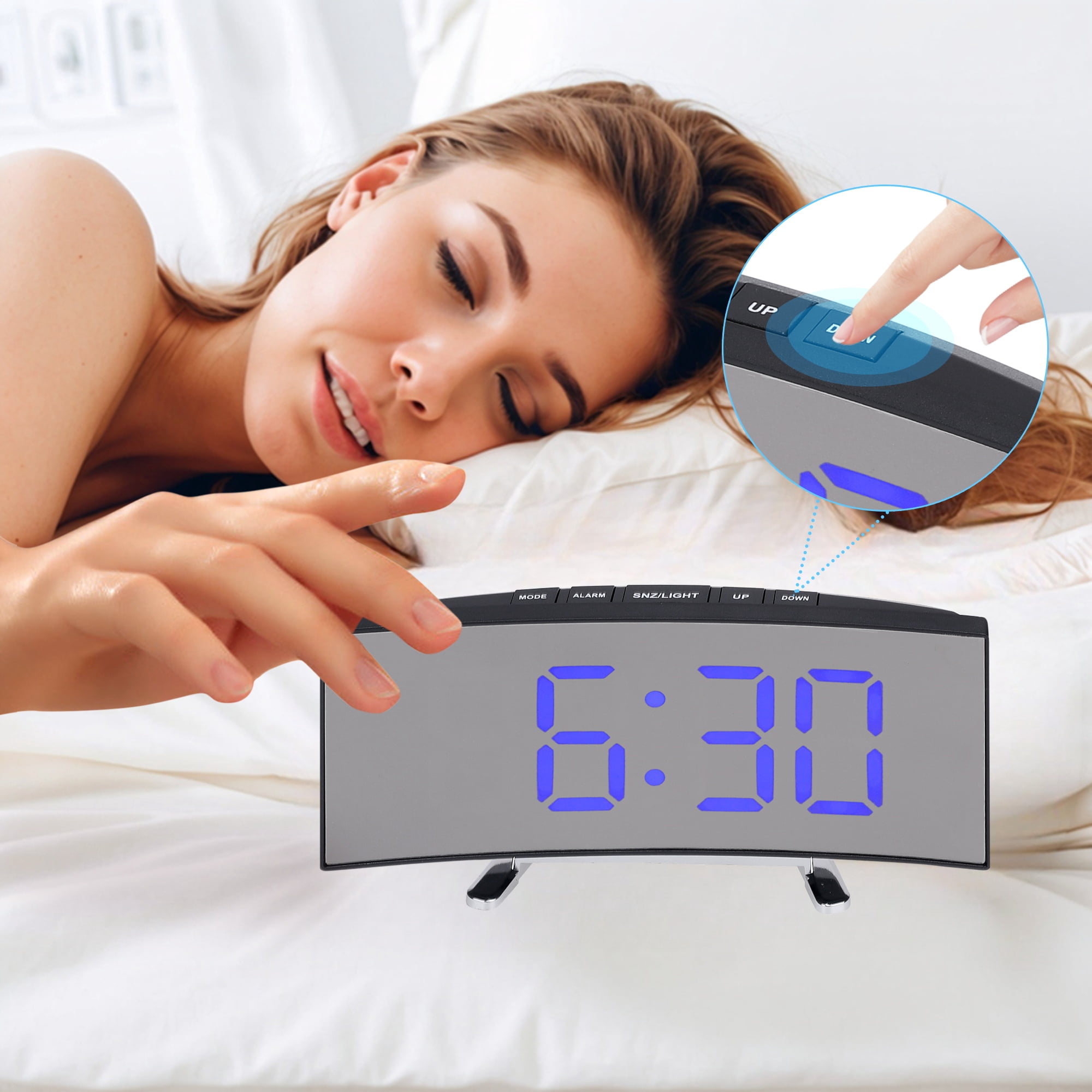 Unique Bargains LED Mirror Alarm Clock for Deep Sleepers Blue