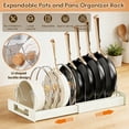 thumbnail image 1 of Estante telescópico para ollas, organizador ajustable para tapa de cocina, estante ampliable para sartén de 12"-22" para encimera de armario bajo el fregadero, 7 separadores, metal resistente, 1 of 8