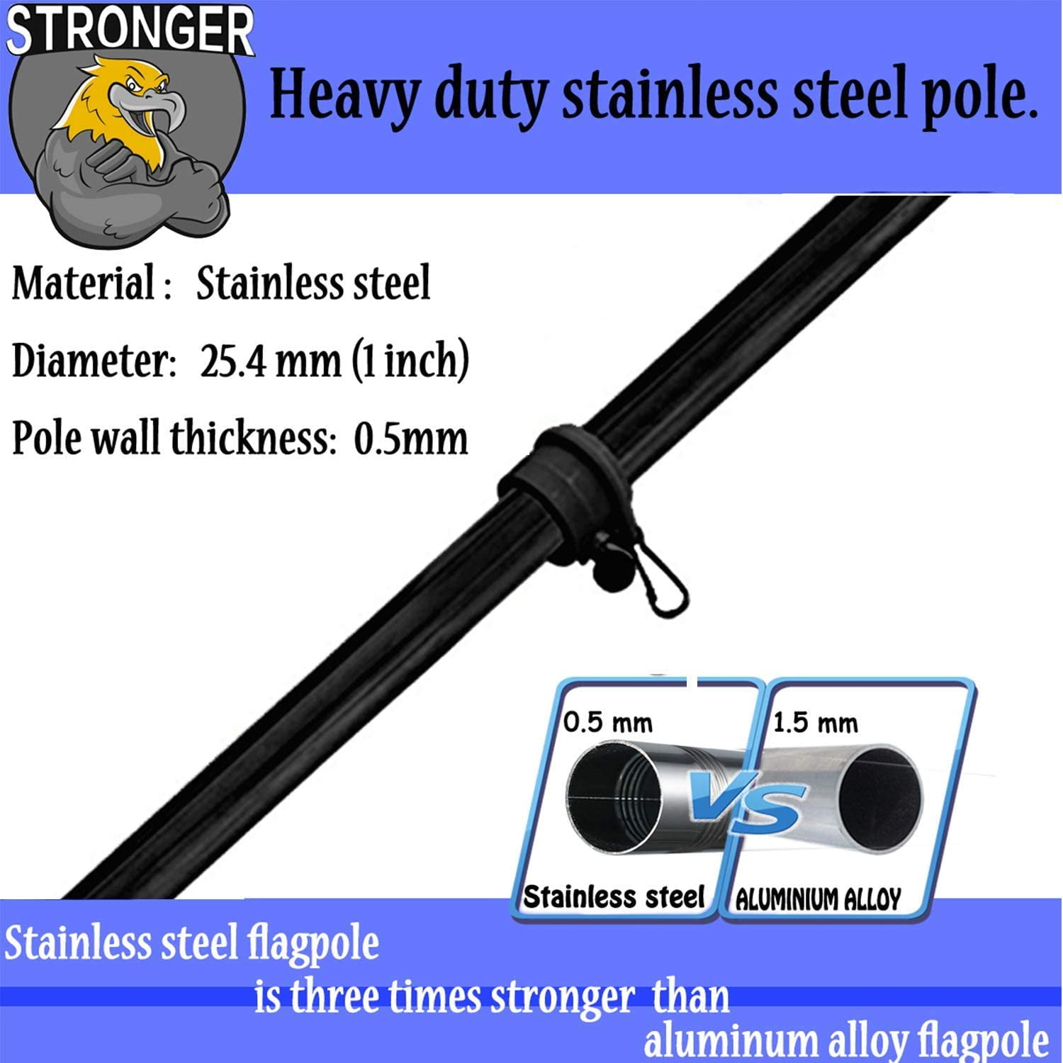 DIIG 6FT Flag Pole Kit For American Flag, Stainless Steel Rustproof FlagPoles And Mounting Bracket For Outdoor Residential House Garden Yard Truck-Black Color