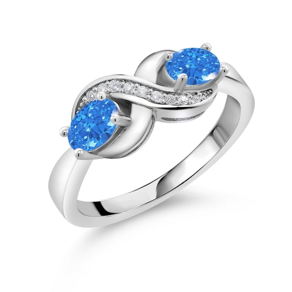 Gem Stone King 925 Sterling Silver Ring White Created Sapphire and Set with Fancy Blue Zirconia