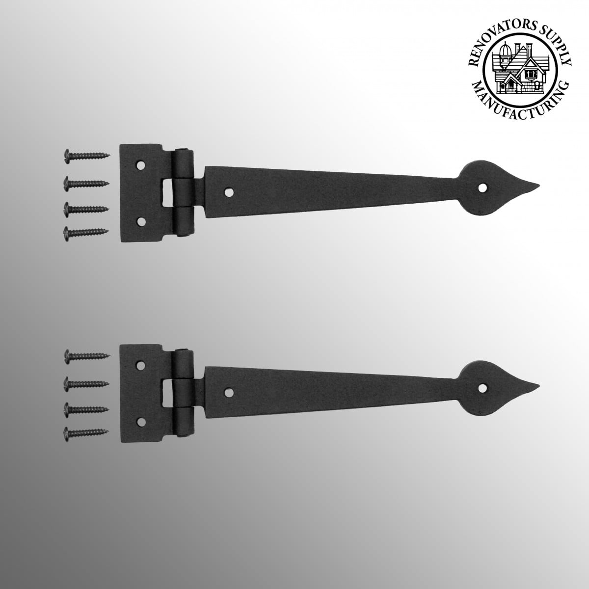 Renovators Supply Black Wrought Iron Strap Hinge Pair 7-3/8 in Spear Tip Flush Mount Heavy Duty Strap Gate and Door Hinges w/Hardware