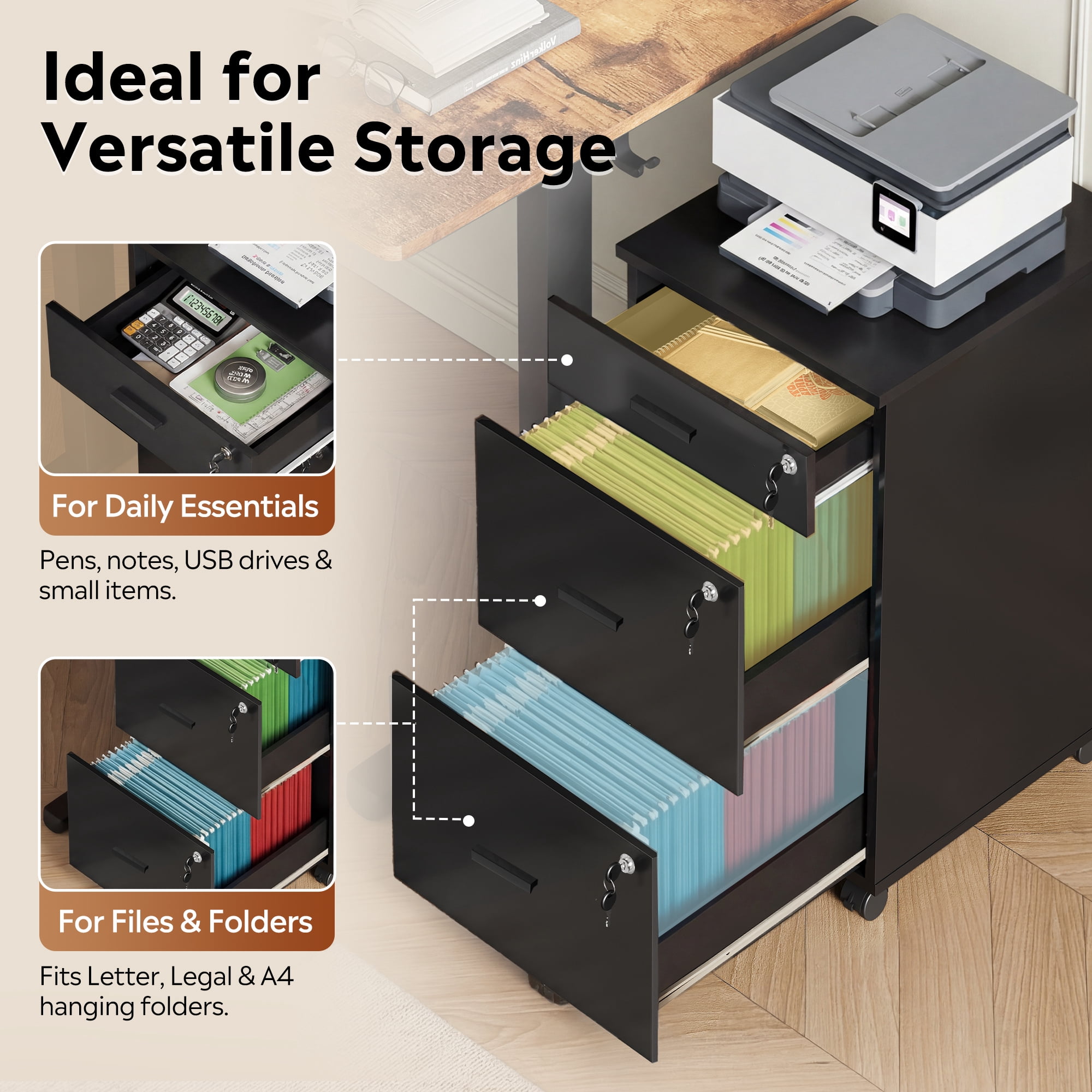 GALAXHERO Filing Cabinet with Lock and Key, 3 Drawer Rolling File Cabinet,  Wood File Cabinet for Home Office, Fits Letter/A4 Size, Black