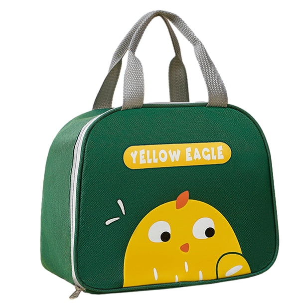 Una linda bolsa de almuerzo de dibujos animados abierta lateralmente a los estudiantes para trabajar con una bolsa aislante de arroz individual