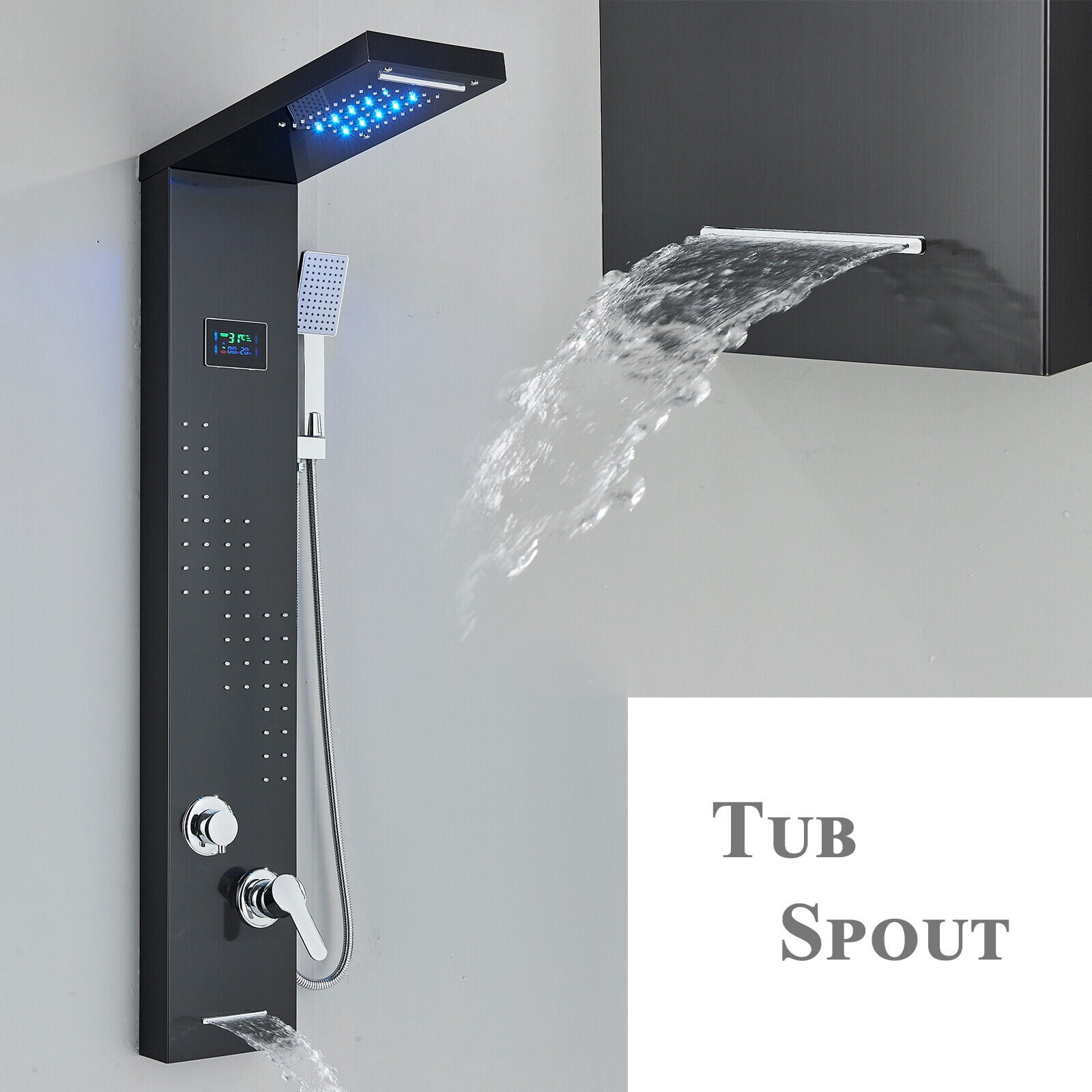 Black LED Shower Panel Tower System Rain&Waterfall Massage Jets Stainless Steel