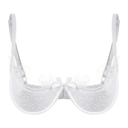 Moggemol Womens 1/4 Cup Sheer Lace Bra Push Up Underwired Shelf Bra Unlined See Through Bralette White XXL