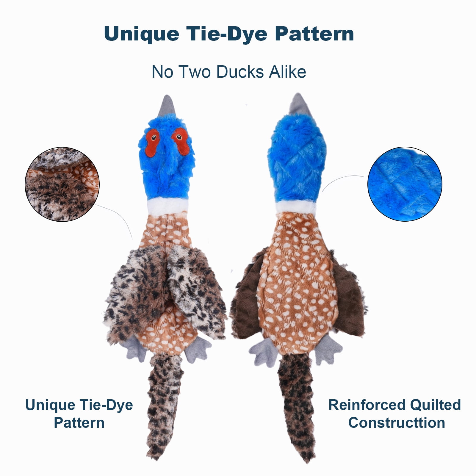 Calibonbon 24” Jumbo Quilted Duck Dog Toy – Durable Tie-Dye Plush Bird with Double Squeakers & Crinkle Sound, No Stuffing Interactive Toy for Medium & Large Dogs