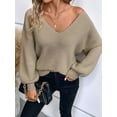 thumbnail image 4 of Women Off the Shoulder V Neck Sweater Top Fitted Long Sleeve Shirt Tie Back Sweater Light Beige L, 4 of 9
