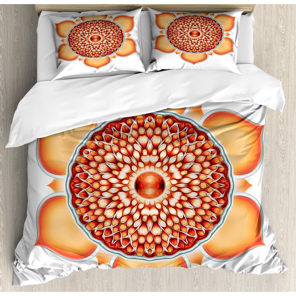 Lotus Duvet Cover Set, Pomegranate Tibetan Mandala Renewal of Life Universe Balance, Decorative 3 Piece Bedding Set with 2 Pillow Shams, Queen Size, Orange Vermilion, by Ambesonne