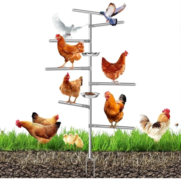 7-Branch Large Chicken Perch Stand with Ground Plug, Wood & Metal Outdoor Bird Playground for Parrots, Poultry, Chickens - Training & Exercise Toy
