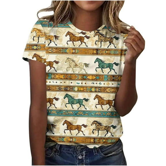 Womens Horse Racing T-Shirts Plus Size Vintage Retro Graphic Tees Loose Fit Funny Pullover Tops, 4XL