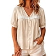 thumbnail image 2 of LEKWK Linen Shirts for Women Lace Short Sleeve Button Down Shirt Loose Fit Casual V Neck Going Out Tops Summer Fashion Beach Vacation Clothes, 2 of 5