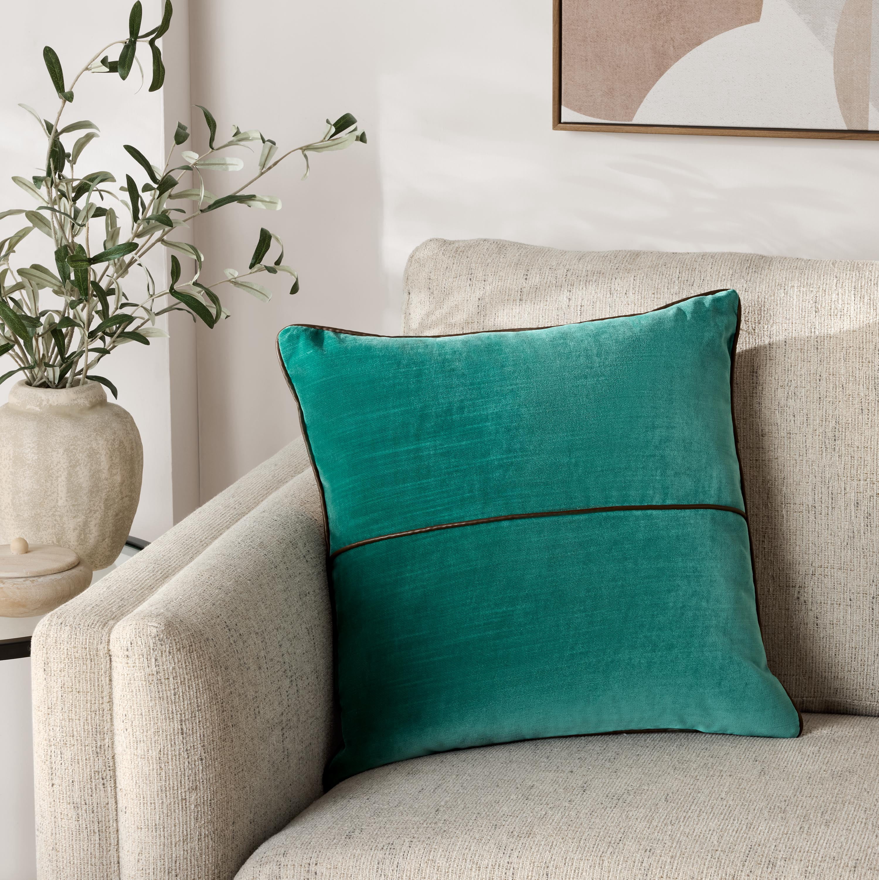 Mainstays 18" x 18" Greenbrier Velvet With Faux Leather Trim Polyester Decorative Pillow Cover