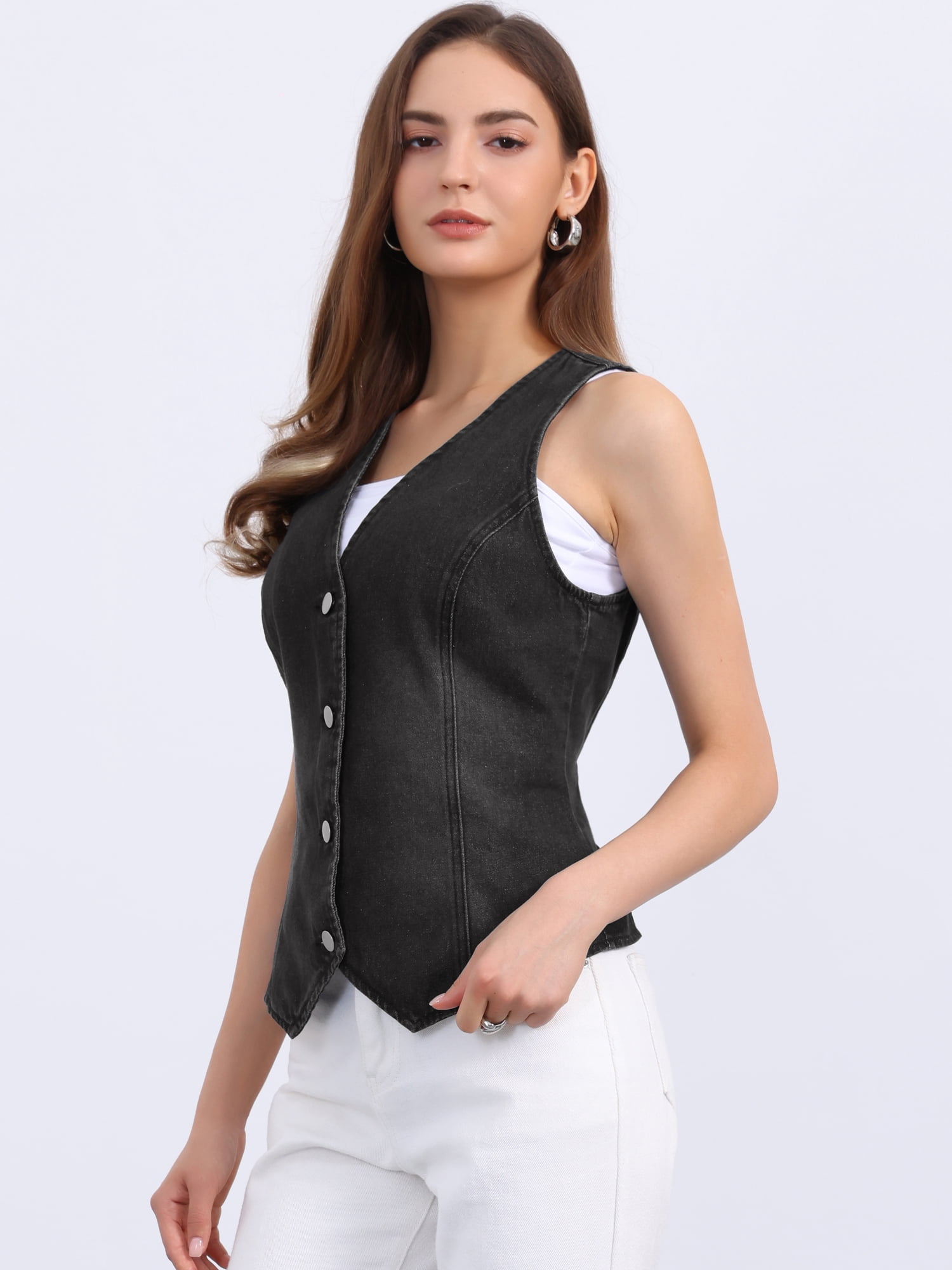 DARING DIVA Womens Denim Vest V Neck Button Down Jean Waistcoat Jacket L Black