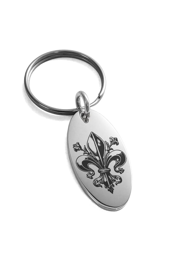 Stainless Steel Antiue Fleur De Lis Engraved Small Oval Charm Keychain Keyring