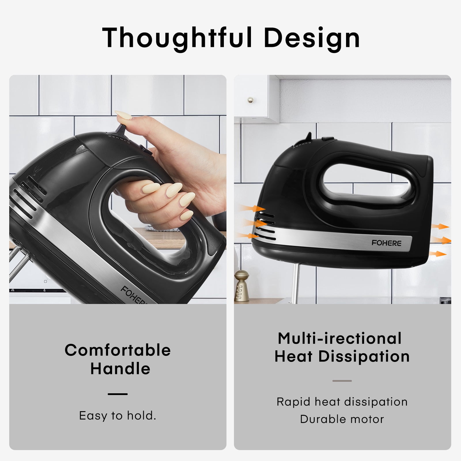 FOHERE Electric Hand Mixer with Storage Case, Compact Handheld Beater, 6 Attachments, 6-Speed