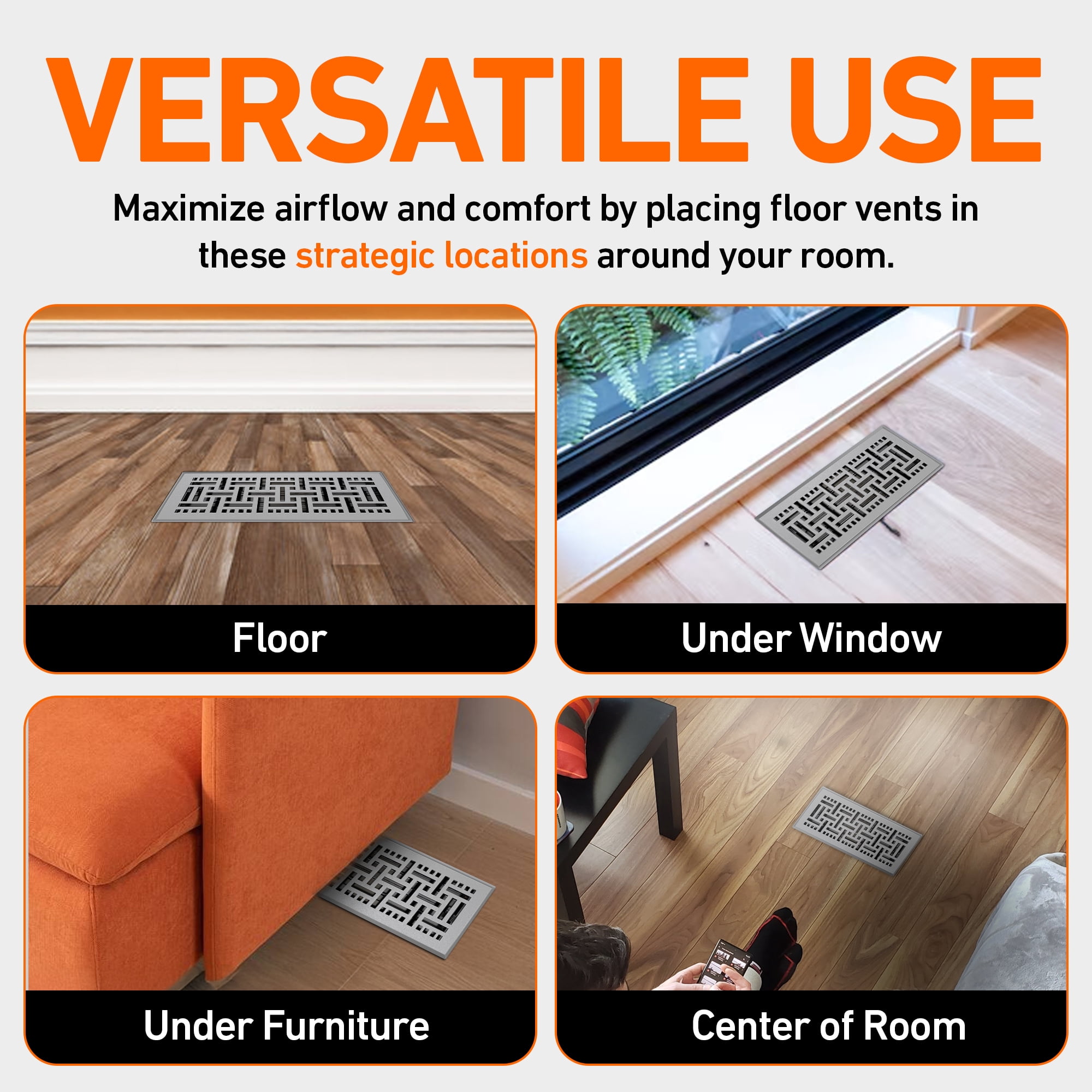 2x10 Floor Vent Covers Floor Register with Mesh Cover Trap, Heat and Air, Walkable Metal Floor Register for HVAC Duct, Basketweave, Light Grey