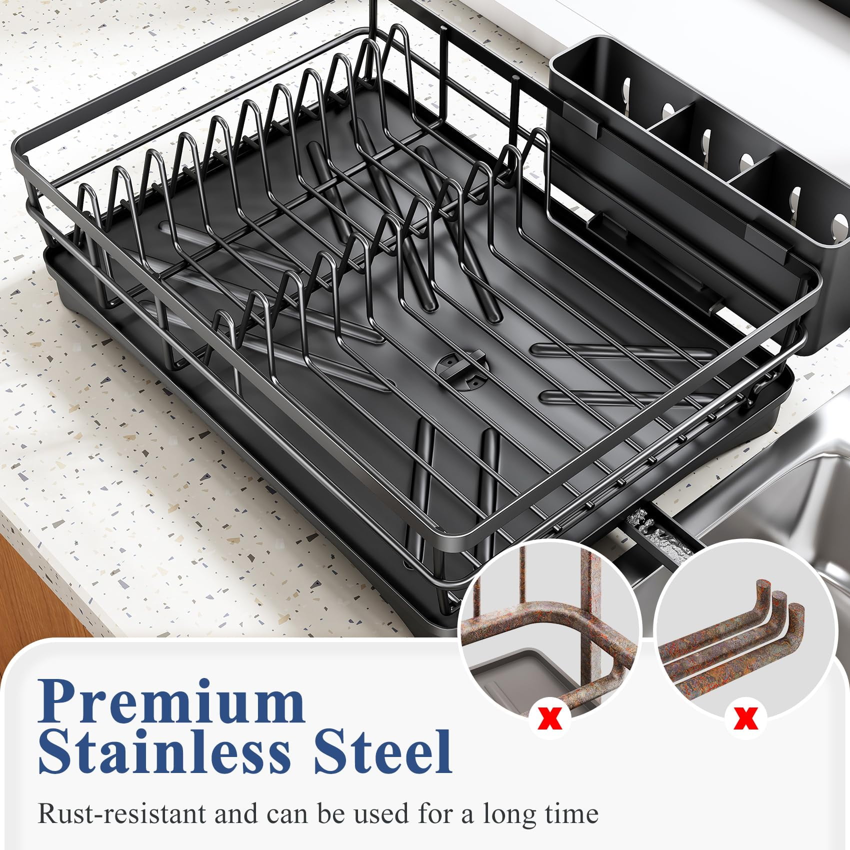 Dish Drying Rack for Kitchen Counter - Large Dish Rack with Drainboard, Rustproof Dish Drainer with Utensil Holder for Sink, Black