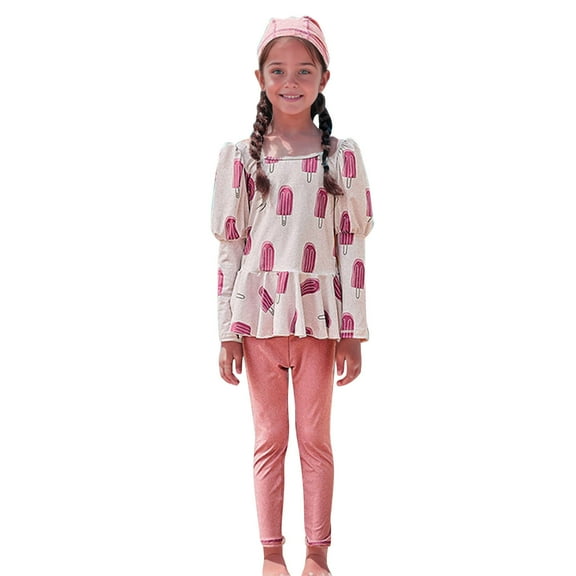 Odeerbi 3-11 Years Kids Girls Long Sleeve Rash Guard Swimsuits Summer Beach Two Pieces Athletic Training Swimsuit Surfing Swimwear Cute Print Sunscreen Seaside Swim Leggings Set