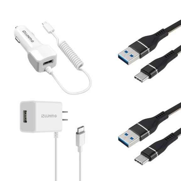 Chargers for Coolpad Legacy 5G - Luxmo 10W/2.1A High Power Fast Charging Type-C Car Charger and Wall Charger (Extra USB Port, Built-in Smart IC Chip), USB Cables and Atom Wipe - White