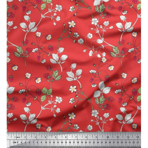 Soimoi Poly Georgette Fabric Leaves,Floral & Berries Fruits Printed Fabric 1 Yard 42 Inch Wide
