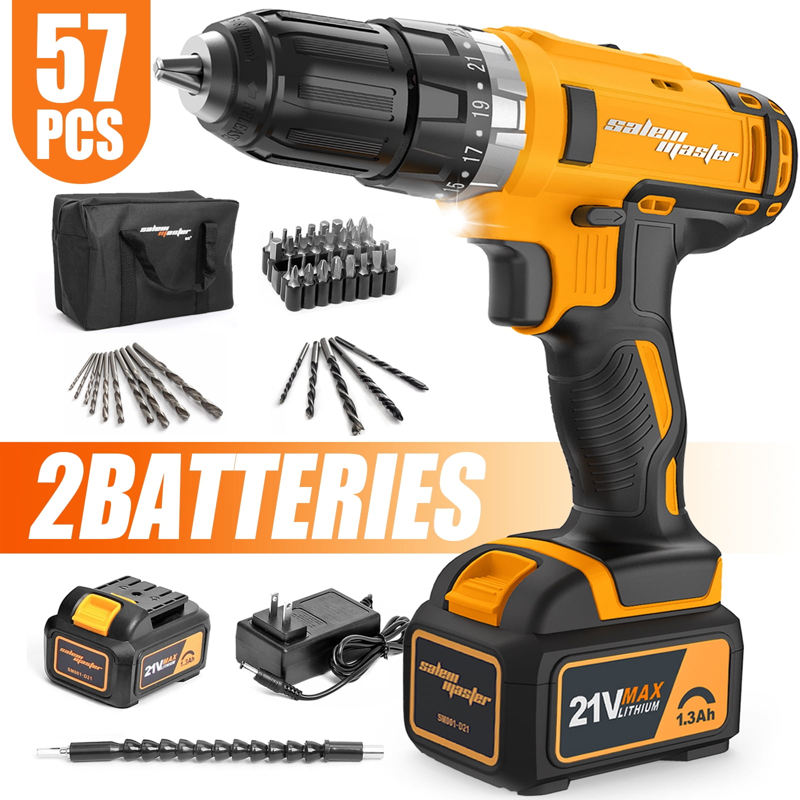 SALEM MASTER 21V Cordless Drill Driver 2 Batteries 350 in lb Torque